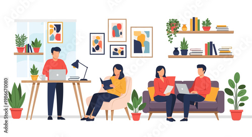 People working and relaxing in a modern living room setting.