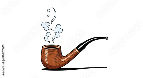 Classic wooden tobacco pipe with a dark stem emitting stylized swirls of white smoke, isolated on a plain white background.