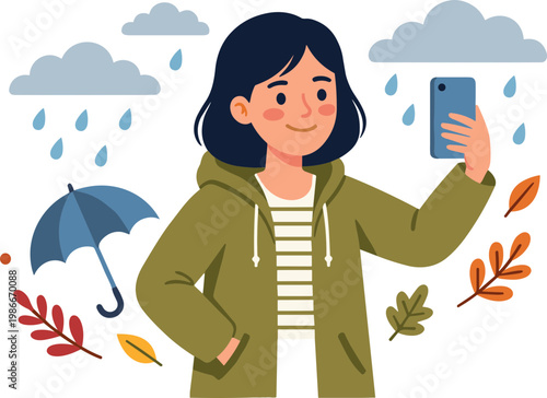 Woman takes selfie on rainy day with umbrella and autumn leaves falling.