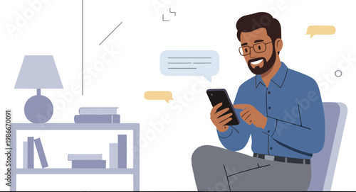 Man sitting on chair holding phone with speech bubbles around him indoors