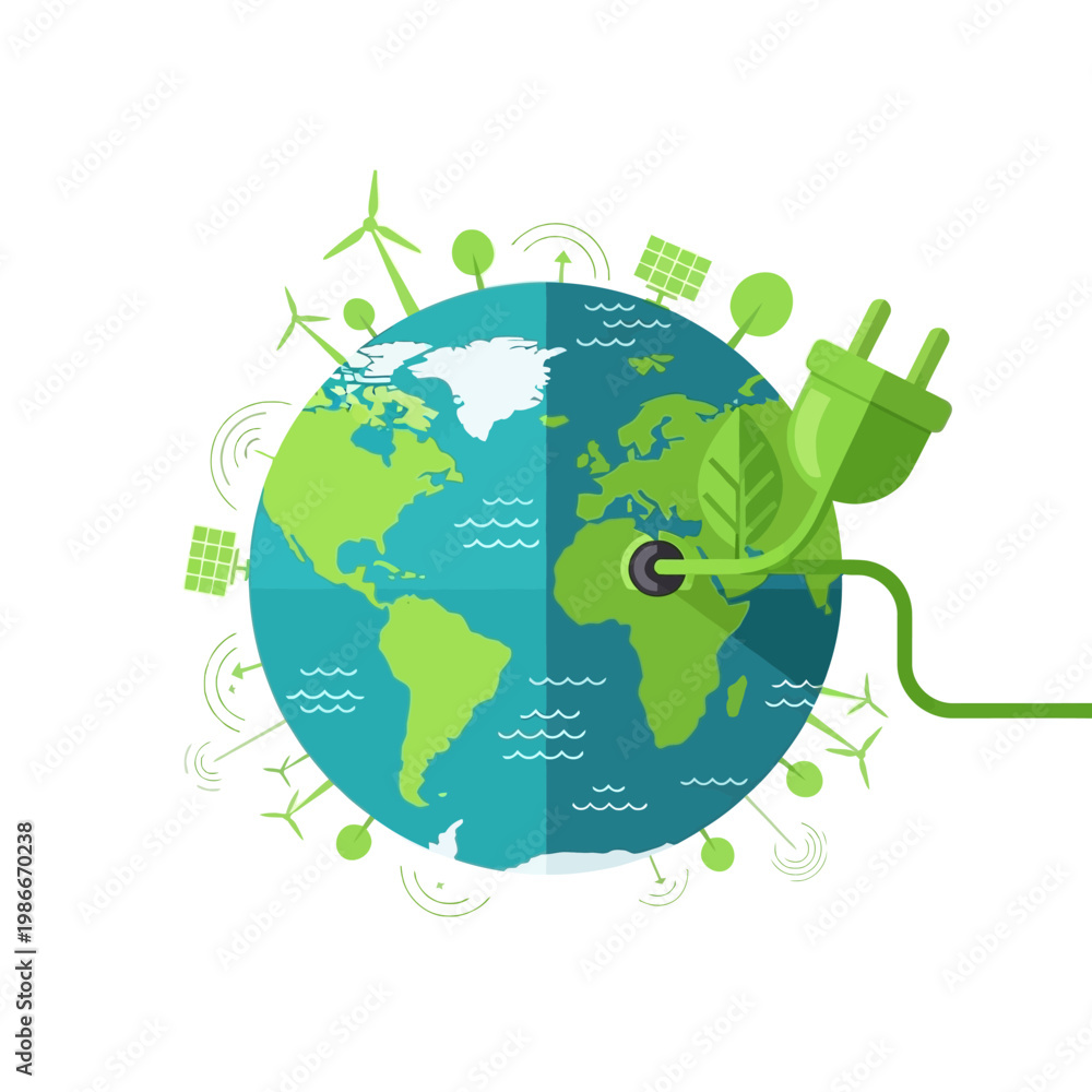 Naklejka premium Green Energy Planet Earth with Power Plug, Wind Turbines and Solar Panels