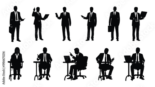 A collection of black silhouette figures depicting diverse business professionals in various workplace scenarios high quality