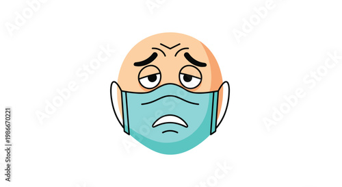 Sad-looking bald emoji wearing a light blue surgical face mask with tired eyes and furrowed brows on a white background.