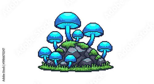 Magical Glowing Blue Mushrooms on Mossy Rock Pixel Art.