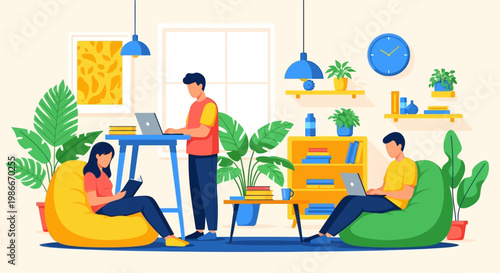 People working in a modern co-working space.