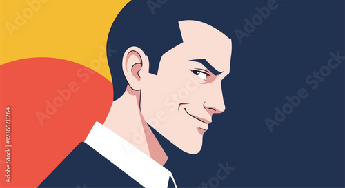 Profile view of a man with a confident smirk and dark hair against a modern abstract background with red and yellow circles.