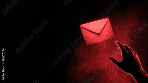 Red Envelope Floating with Hand Reaching, phishing emails, dark background