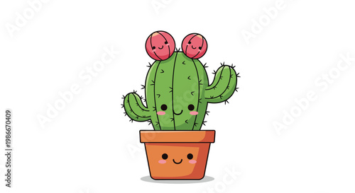 Adorable cactus in a pot with two flowering pink blossoms on top and cute smiling faces on both the plant and the container.