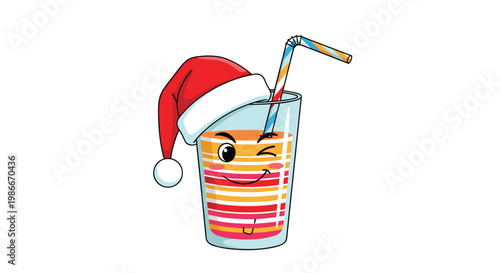 Glass of colorful striped fruit juice wearing a red Santa hat and winking with a cheerful expression for Christmas celebrations.