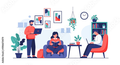 People working and reading in a cozy living room setting.