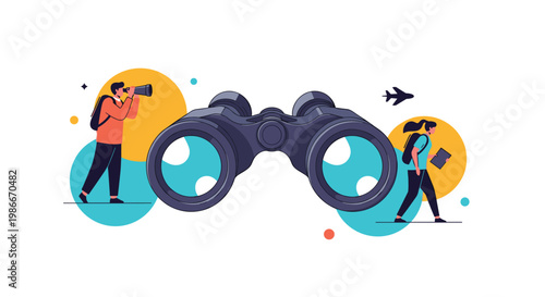 Large black binoculars positioned between two travelers, one using binoculars and the other walking with a backpack for tourism.