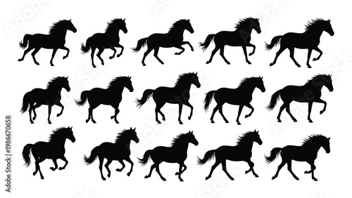 A collection of fifteen black silhouettes depicting horses in various galloping and walking poses high quality