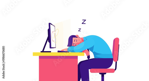 Man sleeping at his desk in front of computer.