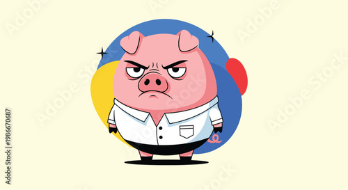 Grumpy cartoon pig wearing a white shirt and black trousers standing with an angry expression against a colorful abstract background.