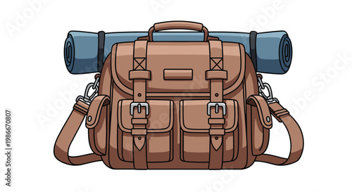 Classic brown leather messenger bag with multiple pockets and a rolled blue mat attached to the top sits ready for travel and exploration.