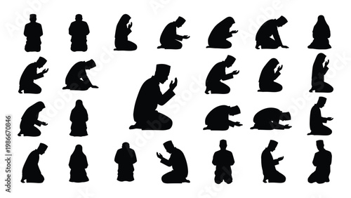A collection of black silhouettes depicting people in various stages of islamic prayer or supplication