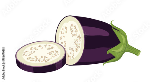 Large purple eggplant with a green stem is shown alongside a round slice revealing the white inner flesh and seeds for culinary use.