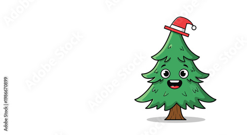 Happy green Christmas tree character wearing a red Santa hat smiles cheerfully with wide eyes against a clean white background space.