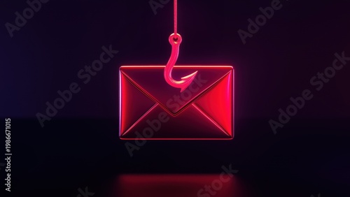 Phishing Hook Catching Red Email Envelope Icon, spam message, social engineering