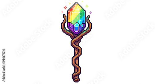 Magical Rainbow Crystal Staff with Twisting Wood Handle.