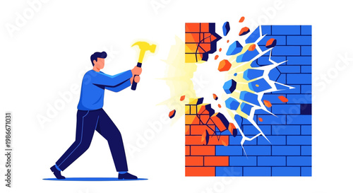Man with hammer breaking through brick wall.