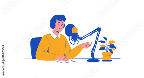 Man with headphones speaking into microphone for podcast.