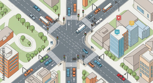 Isometric City Intersection with Traffic and Buildings Illustration.