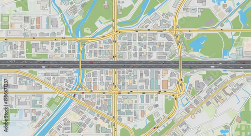 Detailed City Map View with Roads and Green Spaces.
