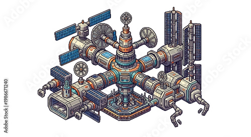 Futuristic Space Station Hub with Robotic Arms and Solar Panels.
