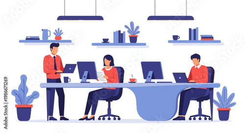 Office workers collaborating and using computers at desks.