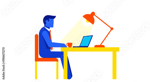 Man working diligently at his desk with a laptop and lamp.