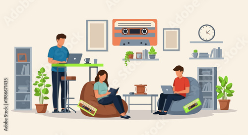 People working and reading in a modern coworking space.