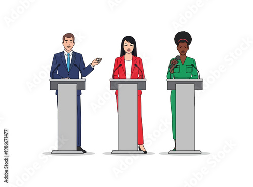 Diverse Political Candidates at Podium Debate Illustration.