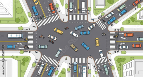 Aerial View of a Busy City Intersection with Traffic.