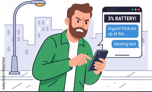 Man in green jacket urgently texts on phone with 3% battery near city street light.