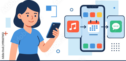 Woman transferring music and messages between devices with apps.