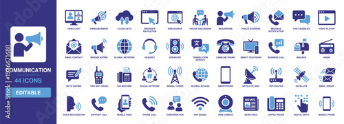 Communication icon set displaying solid glyph designs for global network, video chat, email message, megaphone announcement, social media, radio signal, and smartphone navigation.