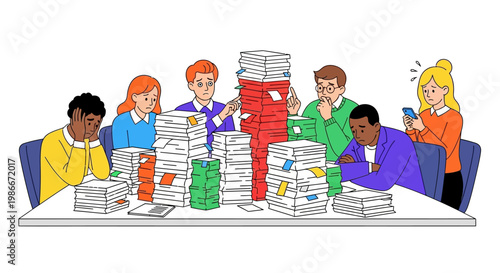 Office workers overwhelmed by excessive paperwork and deadlines.