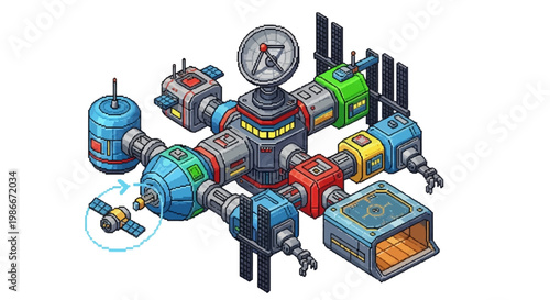 Futuristic Space Station Module Assembly Isometric View.