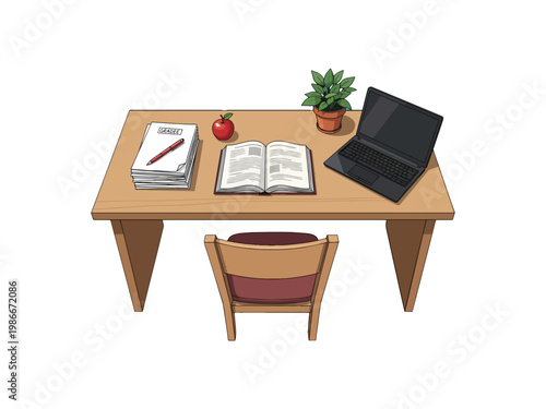 Illustration of a desk with a laptop books apple and plant.