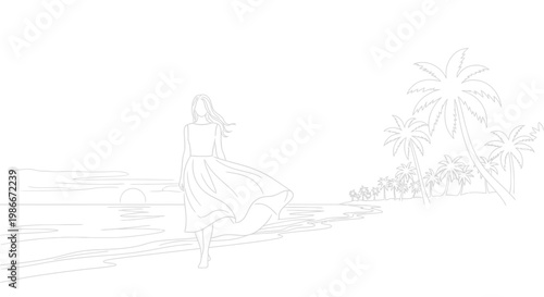Woman sitting on beach, tropical landscape, palm trees, vector illustration