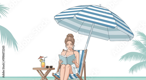 Beach, woman reading, summer vacation, relaxation, tropical getaway, illustration