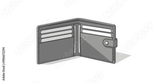 Open gray wallet illustration with card slots and a buttoned closure isolated