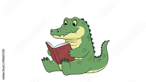 Scholarly green crocodile sits on the floor and reads a red book with great concentration in a charming and funny animal illustration.