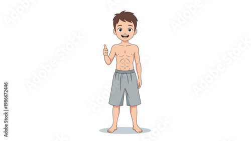 Fit young boy wearing grey swimming trunks and no shirt smiles and gives a thumbs up while standing against a plain white backdrop.
