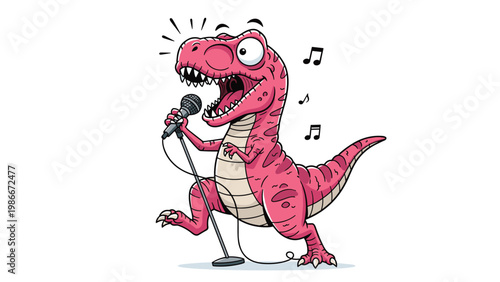 Funny pink Tyrannosaurus Rex dinosaur sings passionately into a microphone while music notes float around it in a comical scene.