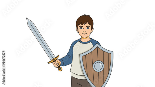 Brave young boy wearing a long-sleeved shirt holds a silver sword and a wooden shield in a courageous and imaginative pose.