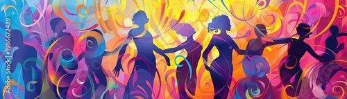 An abstract art piece featuring silhouettes of people dancing at a gala event, with swirling colors and shapes creating a sense of movement and energy