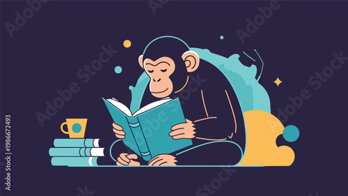 Intelligent chimpanzee sits peacefully on the floor and reads a blue book while surrounded by coffee and other stacks of reading.