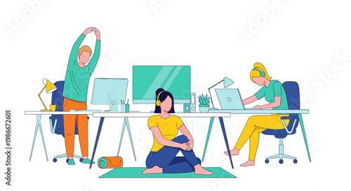 Office workers practicing yoga and stretching at their desks.